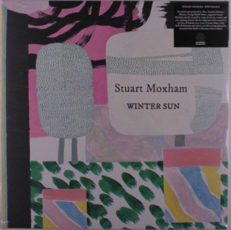 "Stuart Moxham: Winter Sun" steht auf einem farbenfrohen, abstrakten Hintergrund mit stilisierten Bäumen und Mustern.