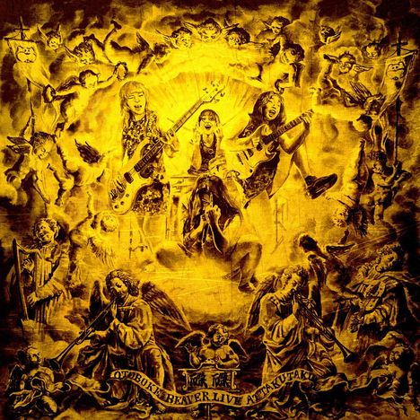 Die Illustration zeigt "Otoboke Beaver Live At Takutaku" umgeben von himmlischen Wesen und Musikerinnen mit Instrumenten.