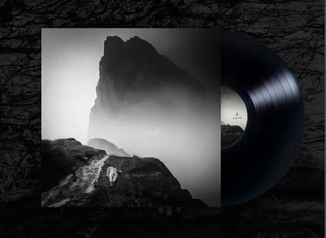 Text: "A dawn". Schwarze Vinyl-Schallplatte mit einem Cover: Neblige Landschaft und ein Schäferhund auf einem Pfad.