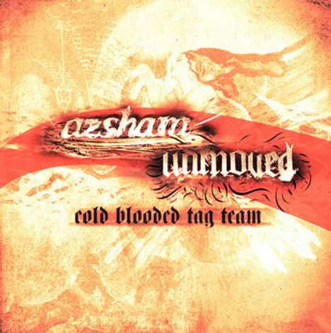 azshara, unmoved, cold blooded tag team. Illustration in Rot- und Beigetönen mit dynamischem Hintergrund.