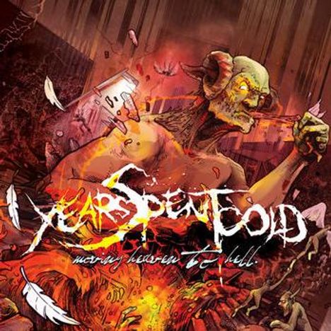Text: "YEAR SPENT COLD" und "moving heaven to hell." Illustration eines muskulösen Wesens mit Hörnern in feuriger Umgebung.