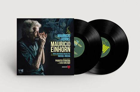 "MAURICIO and HORNS", "MAURICIO EINHORN", "IDRISS BOUDRIOUA ORCHESTRA", zwei Schallplatten, Porträt eines Mannes beim Musikspielen.