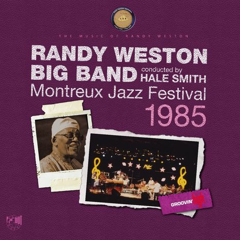 Randy Weston Big Band, Montreux Jazz Festival 1985. Bild von Musiker und Bühne mit Notenschlüssel und Sternen verziert.