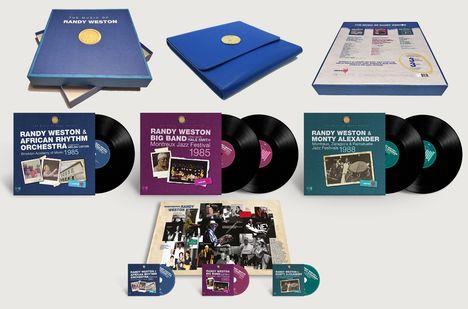 Oben links: "The Music of Randy Weston", Aufnahmen von 1985 und 1988, LPs und CDs mit blauen und violetten Covern.