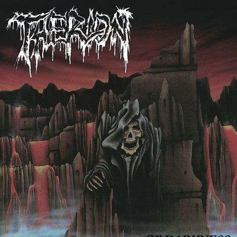 Therion, alte Schrift. Düsterer Himmel, Felsen. Skelett in Robe vor felsiger Landschaft, rote Flüsse.