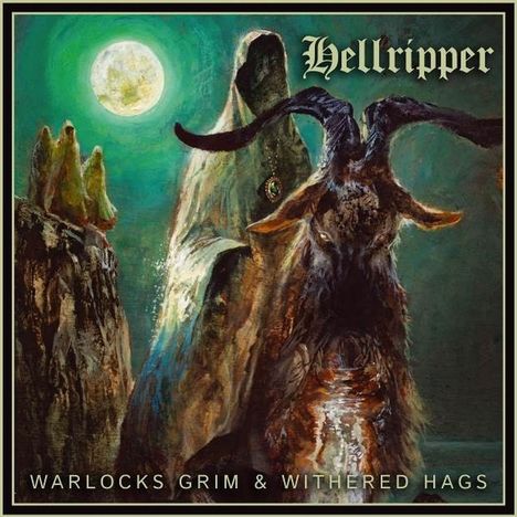 "Hellripper", "Warlocks Grim & Withered Hags". Mystische Illustration mit Ziegenbock, Mond und verhüllter Gestalt.
