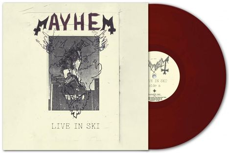 Text: "MAYHEM", "LIVE IN SKI". Rotes Vinyl, Cover zeigt düstere Illustration mit Musiker.