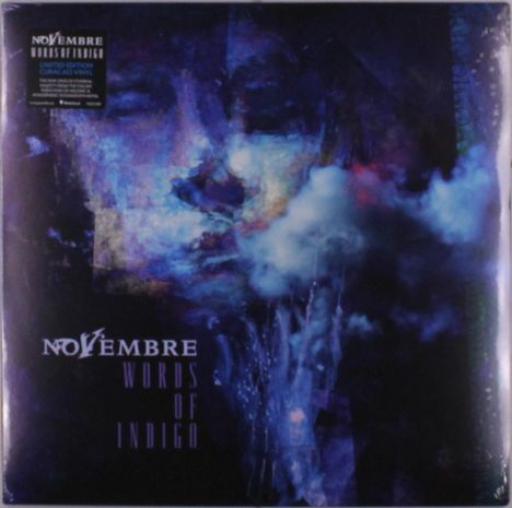 Oben steht "NOVEMBRE WORDS OF INDIGO". Darunter ein Gesicht in Blau- und Lilatönen, das sich in Wolken auflöst.