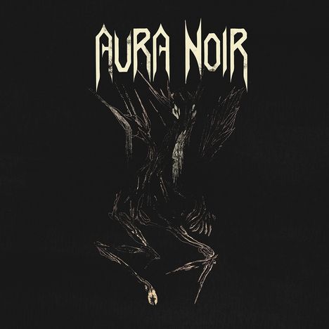 "Aura Noir" steht in großen weißen Buchstaben oben. Darunter ein abstraktes, düsteres Kreatur-Design.