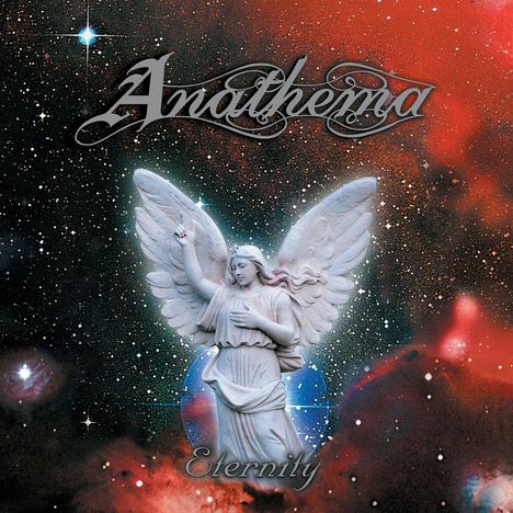"Anathema" und "Eternity" in stilvollen Buchstaben. Ein Engelstatue schwebt vor einem bunten Weltraum-Hintergrund.