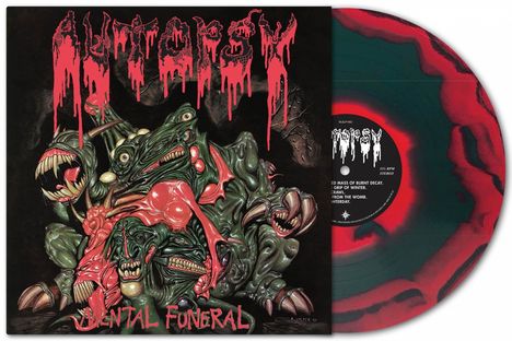 Autopsy, Mental Funeral. Illustration: Monströse, verzerrte Kreaturen, gruselige rot-grüne Vinyl-Platte.