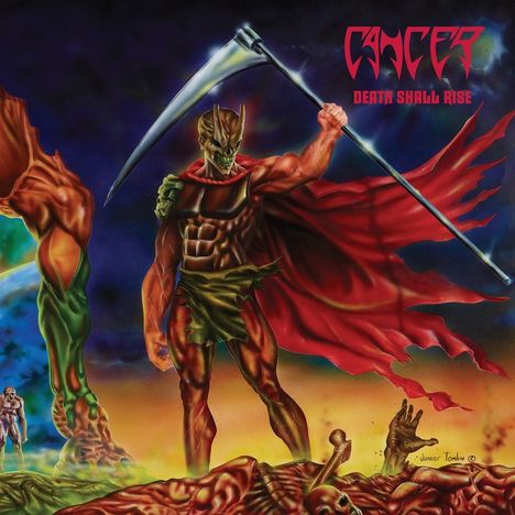 "CANCER DEATH SHALL RISE" steht in roten Buchstaben. Ein muskulöser Krieger mit Sense und rotem Umhang in düsterer Umgebung.
