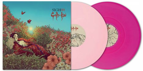 Text: „SIGH Goh-Ka“. Eine Illustration zeigt eine Person in rotem Gewand zwischen blühenden Blumen und Schmetterlingen.
