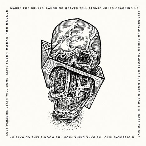 Texte: „MASKS FOR SKULLS“, „FLESH MASKS“, „LAUGHING GRAVES“. Illustration eines Schädels mit kubistischen Formen.