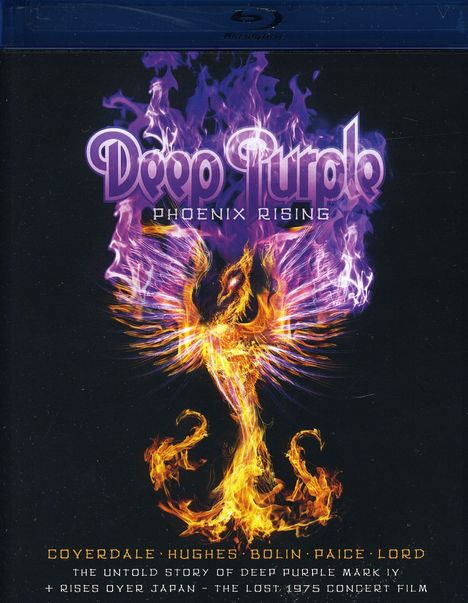 "Deep Purple: Phoenix Rising. Coverdale, Hughes, Bolin, Paice, Lord. Flammen-Phönix in Lila und Orange."
