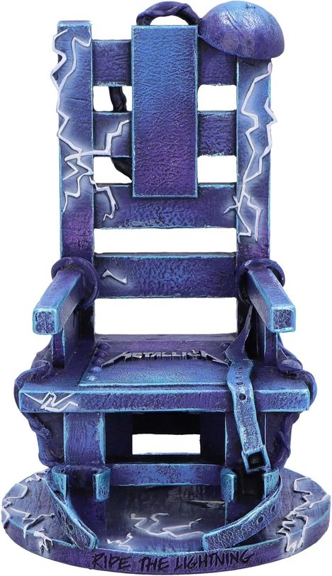 Aufschrift "RIDE THE LIGHTNING" unten. Gefangenenstuhl in Blau- und Lila-Tönen mit Blitzen verziert.