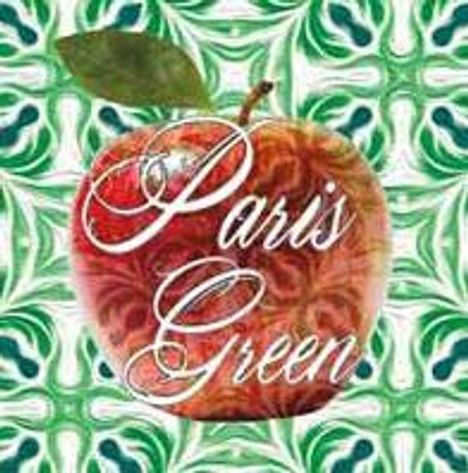 Text: "Paris Green". Rote Apfel-Illustration mit einem grünen Blatt vor einem grünen, gemusterten Hintergrund.