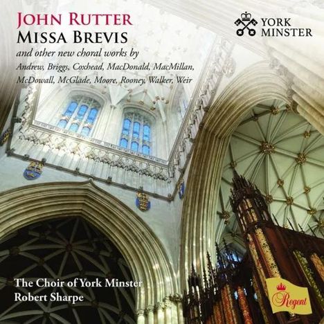 "John Rutter Missa Brevis", Choralwerke, York Minster Logo. Architektur eines Doms mit hohen Decken und Bögen.