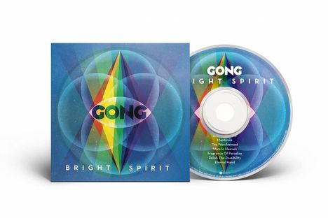 Albumcover "GONG BRIGHT SPIRIT". Bunte geometrische Muster. Tracks: Mantivule, The Wonderment, Stars in Heaven, mehr.