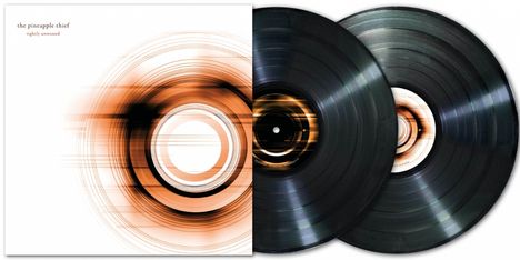 Text: "the pineapple thief, tightly unwound". Zwei Schallplatten mit abstraktem, orange-braunem Kreismuster auf dem Cover.