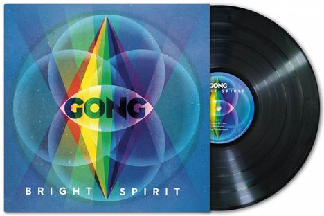 Cover mit "GONG" und "BRIGHT SPIRIT" in buntem, strahlenden Design. Eine Vinyl-Schallplatte liegt daneben.