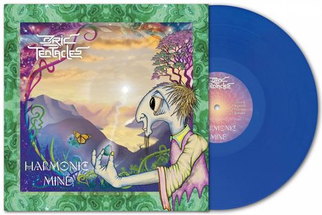 Logo „Ozric Tentacles“, Text „Harmonic Mind“, bunte Illustration mit Kreatur, Schmetterling und Landschaft.