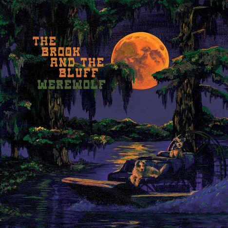 Text: "The Brook and The Bluff Werewolf." Illustration: Zwei Hunde auf einem Sumpfboot bei Vollmond in einer finsteren Landschaft.