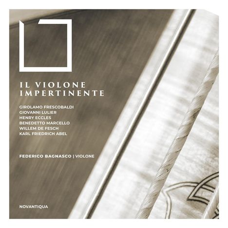 „IL VIOLONE IMPERTINENTE“ mit Namen von Musikern. Links oben ein minimalistisches Logo, rechts Saiten eines Instruments.