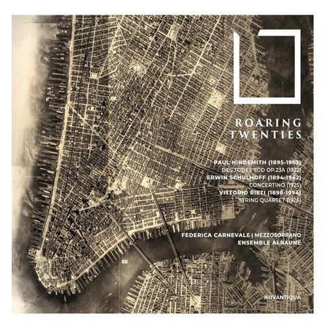 Texte: "ROARING TWENTIES", "Paul Hindemith", "Erwin Schulhoff", "Vittorio Rieti". Vintage-Stadtplan, quadratisches Logo.