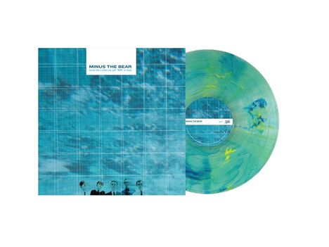 Text: "MINUS THE BEAR, bands like it when you yell 'YAR!' at them." Blau-grünes Vinyl, Muster aus Wasser und Gittern.