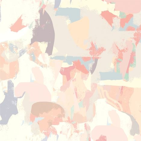 Abstrakte Illustration mit pastellfarbenen Formen in Rosa, Blau und Beige, die sich überlagern und verstreut sind.