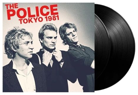 Text: "THE POLICE TOKYO 1981". Drei Männer, monochromes Bild, zwei Schallplatten rechts.