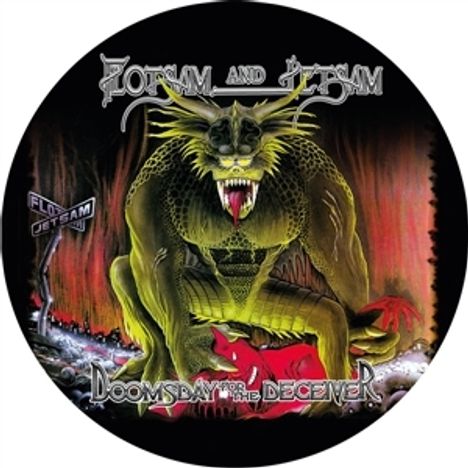 Text: "Flotsam and Jetsam", "Doomsday for the Deceiver". Illustration eines grünlichen Monsters mit rot leuchtenden Augen.