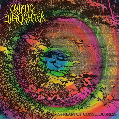"Cryptic Slaughter" und "Stream of Consciousness". Bunte Illustration einer Landschaft mit Fluss und Bäumen.