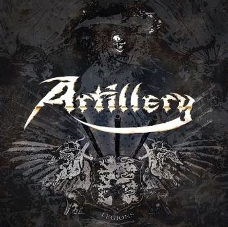Artillery, Legions. Darker Hintergrund mit angedeuteten Symbolen und Figuren, darunter ein Wappen mit zwei geflügelten Wesen.