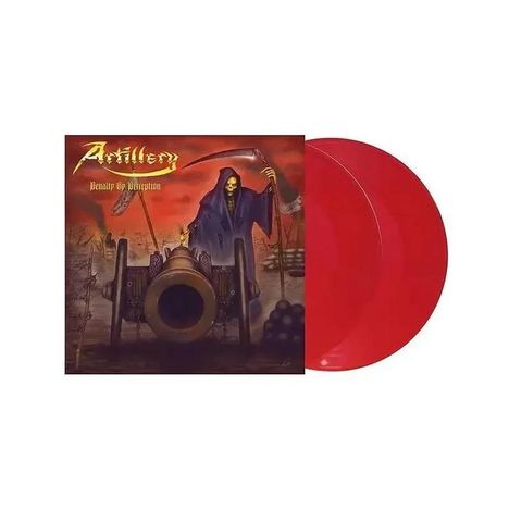 „Artillery“ und „Penalty by Perception“ in Gold. Illustration: Sensenmann hinter Kanone, roter Himmel, rote Schallplatten.