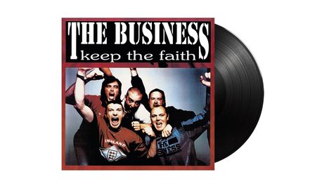 Cover einer Schallplatte mit den Texten „THE BUSINESS“ und „keep the faith“. Fünf Menschen posieren freudig.