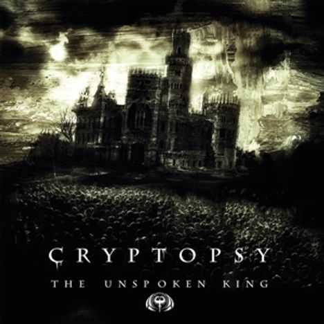 "CRYPTOPSY" und "THE UNSPOKEN KING". Ein düsteres Schloss mit Menschenmenge im Vordergrund.