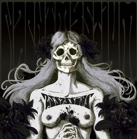 Oben: schwerlesbarer Text. Mitte: "VANANIDR". Illustration eines Skeletts mit Blumen im Haar und Händen, umgeben von dunklen Lilien.