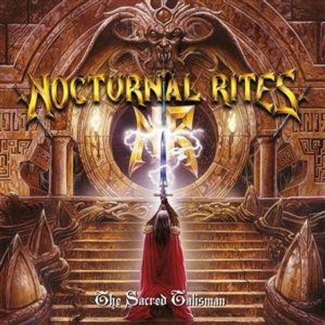 "Nocturnal Rites", "The Sacred Talisman". Eine Figur in rotem Umhang hält ein leuchtendes Schwert vor einem magischen Tor.