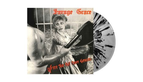 Texts: "Savage Grace" in Rot oben, "After the Fall from Grace" unten. Schwarz-weißes Bild einer Frau mit Axt im Heu.