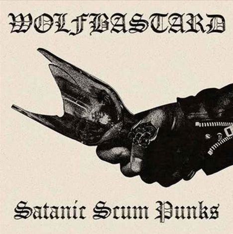 Text: "WOLFBASTARD" oben, "Satanic Scum Punks" unten. Ein schwarzes Handsymbol in der Mitte, das den Mittelfinger zeigt.