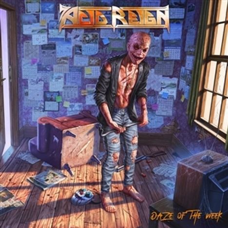 Texte: "ACID REIGN", "OBAZE OF THE WEEK". Illustration: Mann in zerrissener Kleidung steht in chaotischem Zimmer.