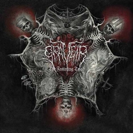 "Grave Gnosis" und "The Fasting Hand". Dunkle, detaillierte, symmetrische Illustration mit Schädeln und Knochenstrukturen.