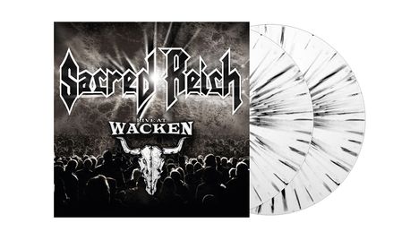 "Sacred Reich", "Live at Wacken", schwarzes und weißes Vinyl mit stilisiertem Stierkopf und Konzertpublikum im Hintergrund.