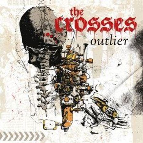 Text: "the crosses outlier". Illustration eines mechanischen Skeletts in abstraktem Stil.
