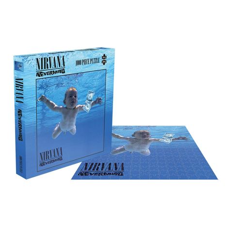 "Nirvana Nevermind", 1000 Teile Puzzle. Ein Baby schwimmt unter Wasser und jagt einen Dollar an einem Haken.
