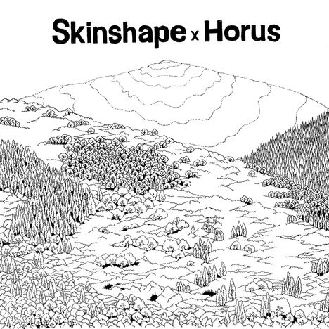 "Skinshape x Horus". Eine detailreiche Schwarz-Weiß-Illustration zeigt eine Landschaft mit Hügeln, Wäldern und Sträuchern.