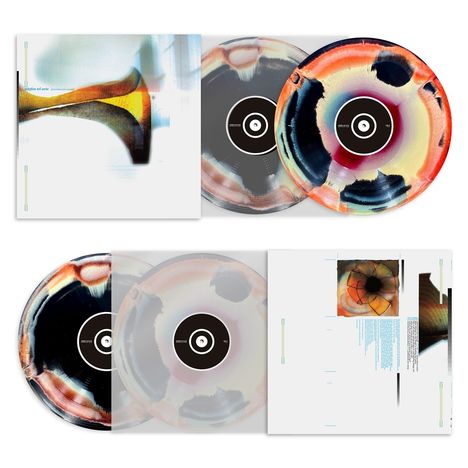 Text: „Telephone Tel Aviv“. Drei Schallplatten mit bunten Mustern, eine Schallplattenhülle mit abstraktem Design.