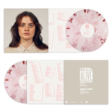 Oben: "I Feel Alive". Unten: Trackliste. Zwei rosa-weiße Schallplatten, Foto einer Frau im Hemd.